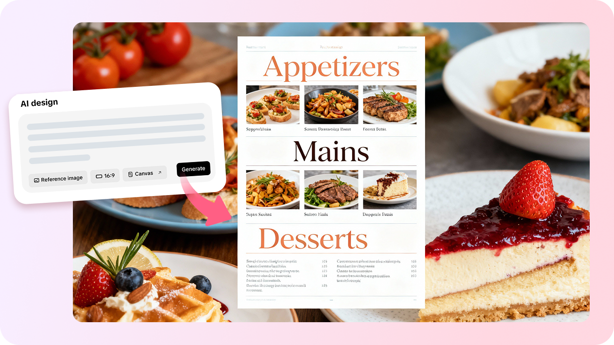 Design stunning menu cards instantly using AI