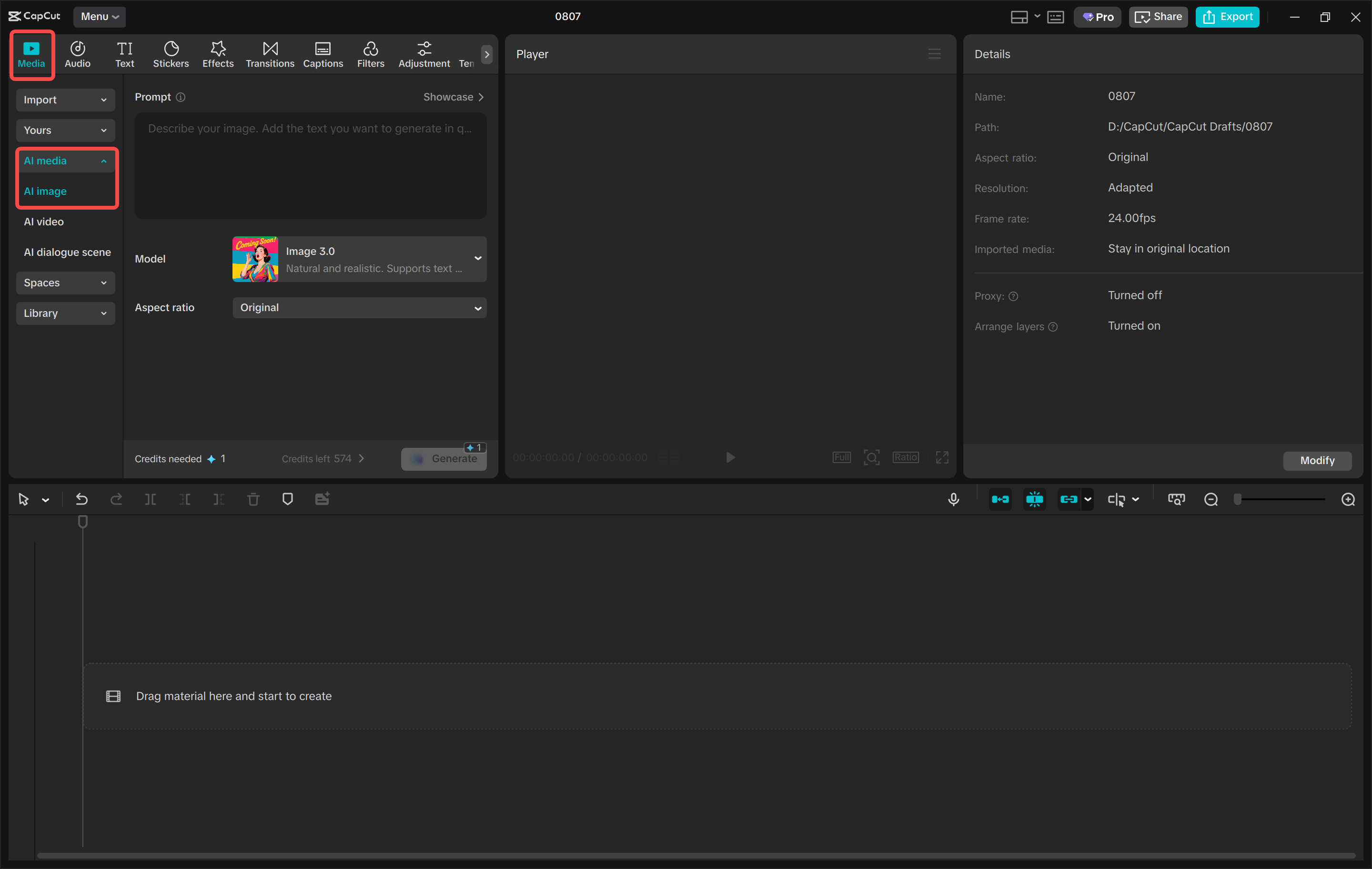 Öffnen des Text-zu-Bild-Tools im CapCut-Desktop-Videoeditor