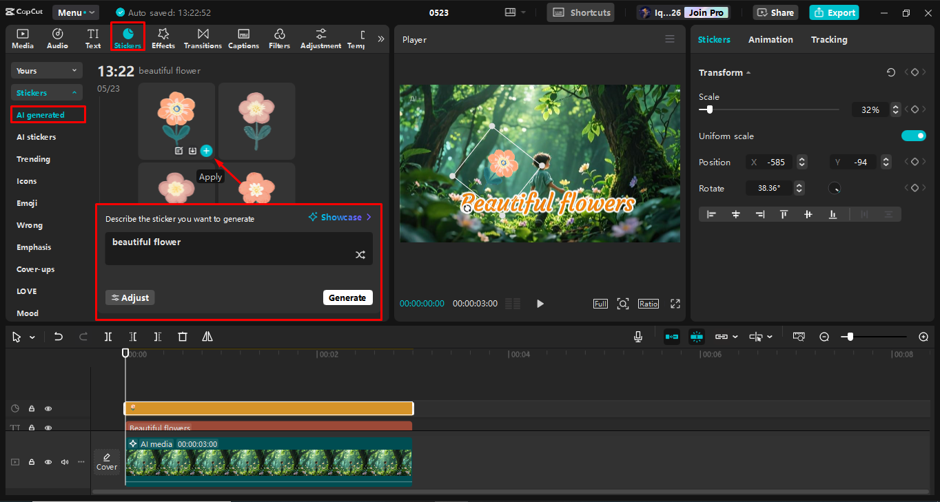 Adding AI stickers to a video using the CapCut desktop video editor