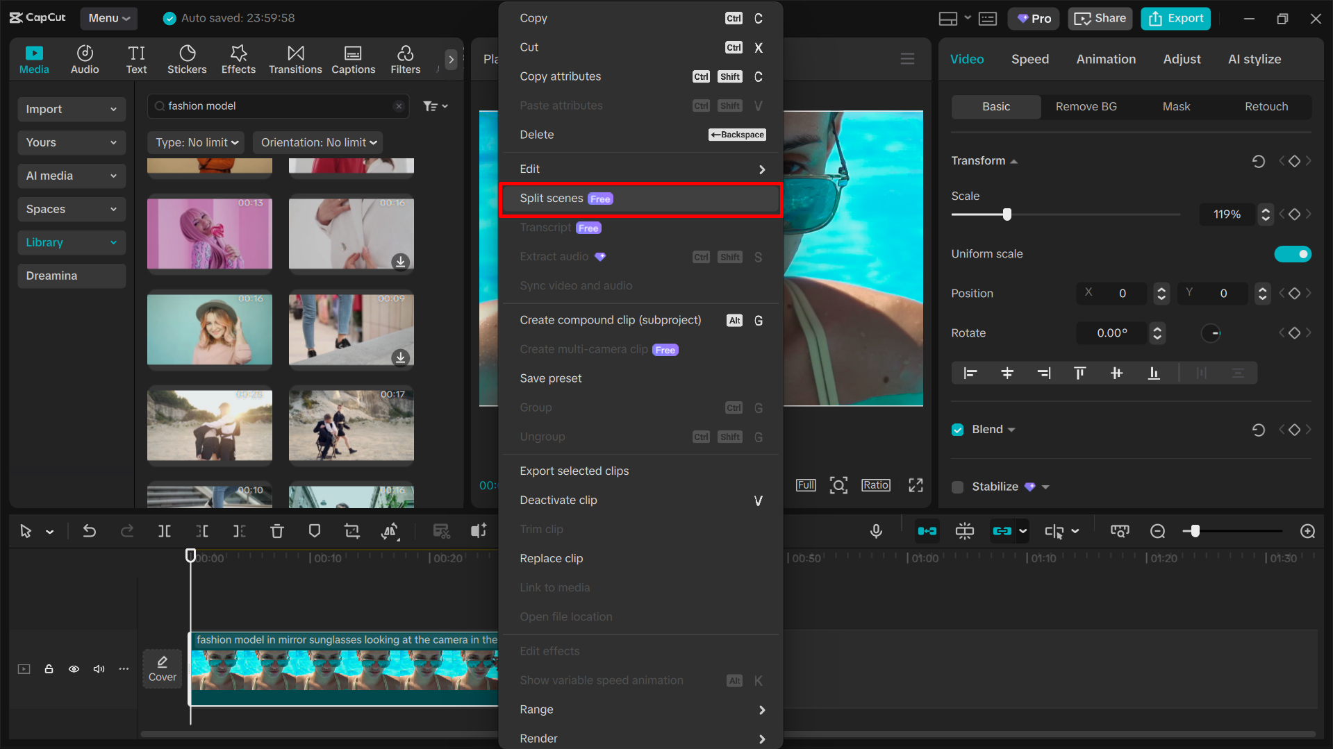 Using the split scenes feature in the Capcut desktop video editor