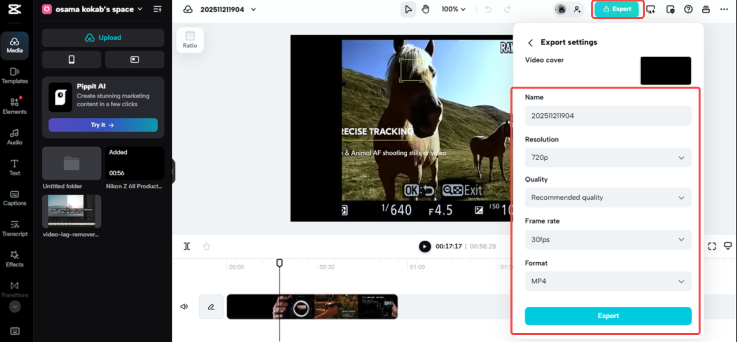 Export the stabilized video from the CapCut online video editor