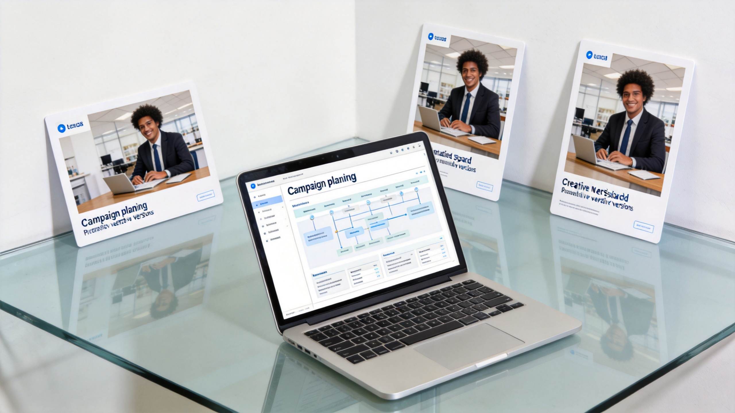 Laptop displaying campaign planning dashboard on a glass table with social media mockups