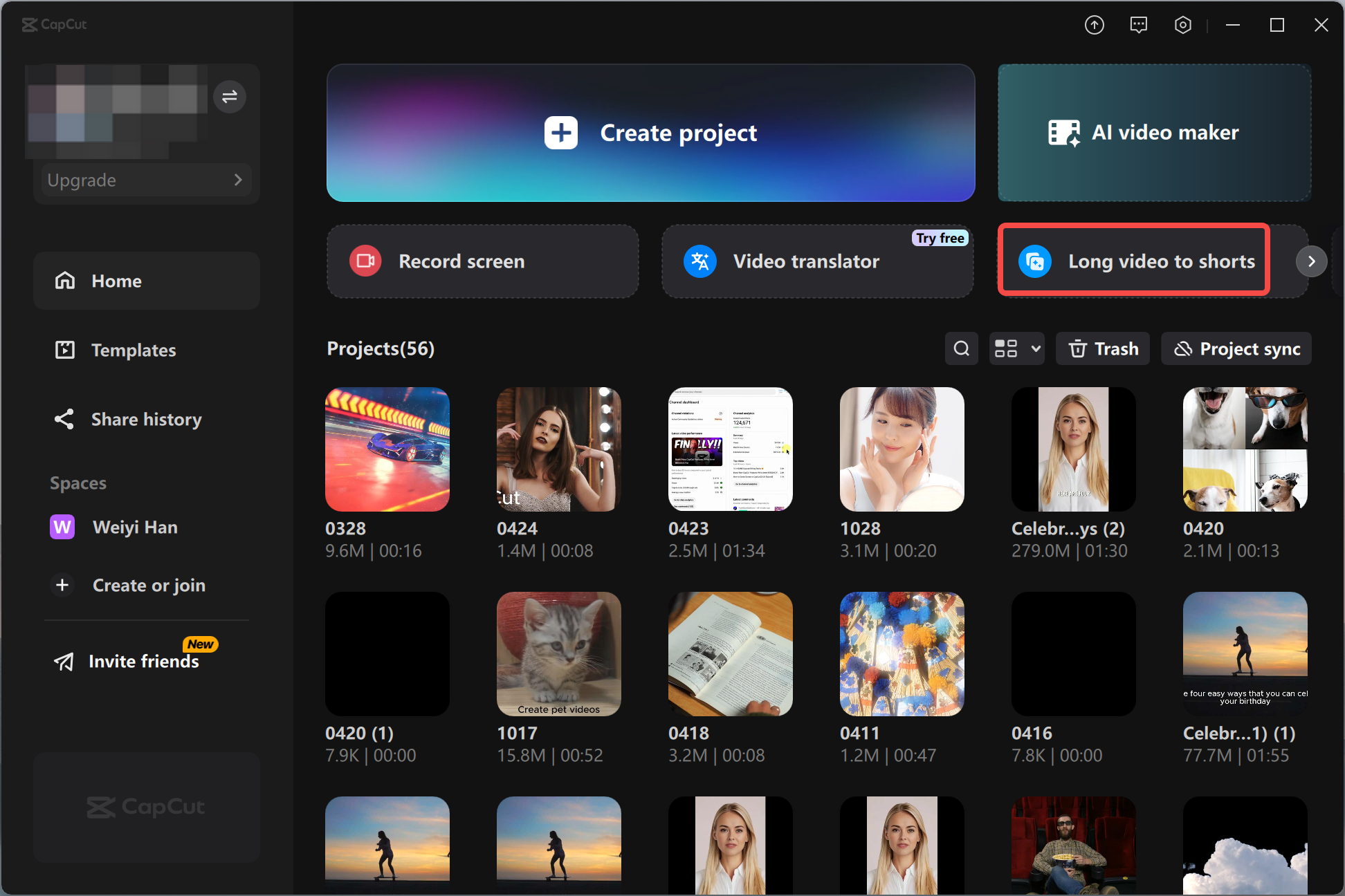 Accessing the long video to shorts feature in the CapCut desktop video editor