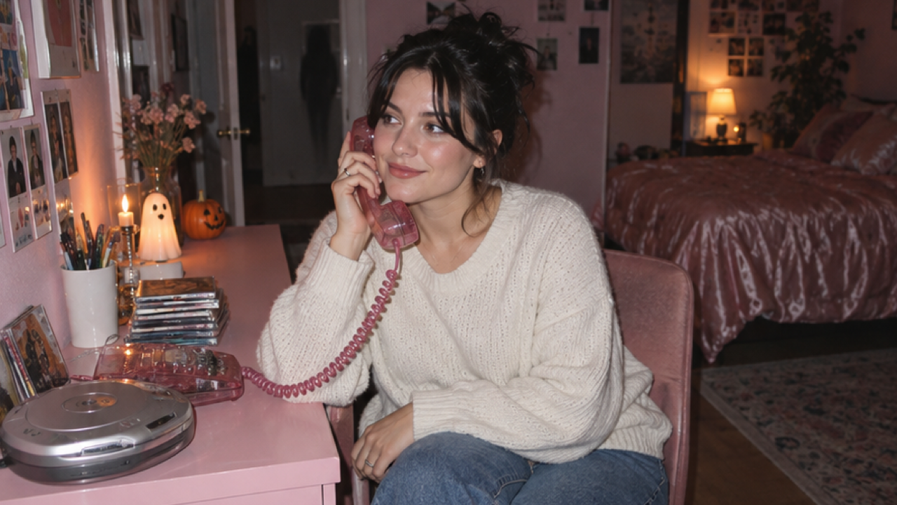 Adult in a cream sweater using a pink corded phone at a bedroom desk, silver CD player and direct compact-camera flash.