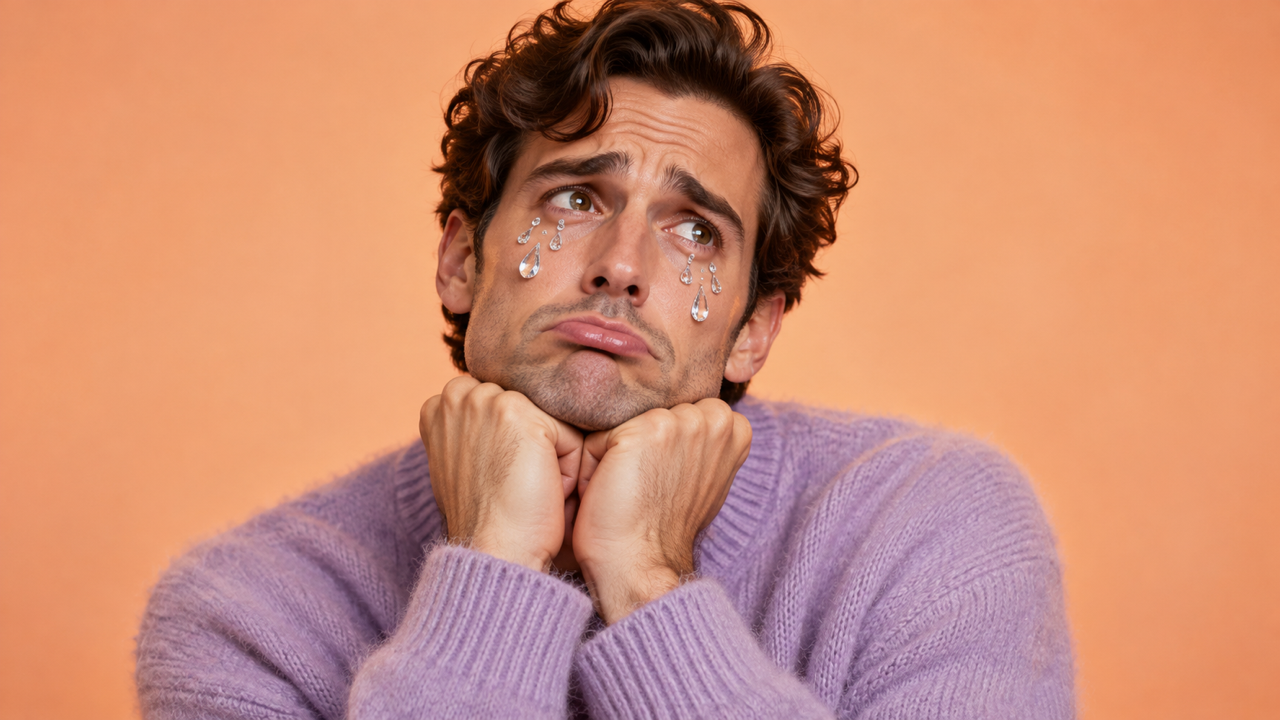 Uomo adulto originale che indossa un maglione di lavanda, broncio teatrale esagerato, gocce di lacrime oversize simili a gioielli sulle guance, sfondo dello studio di pesca, estetica lucida e stravagante del meme di reazione editoriale, 16: 9.