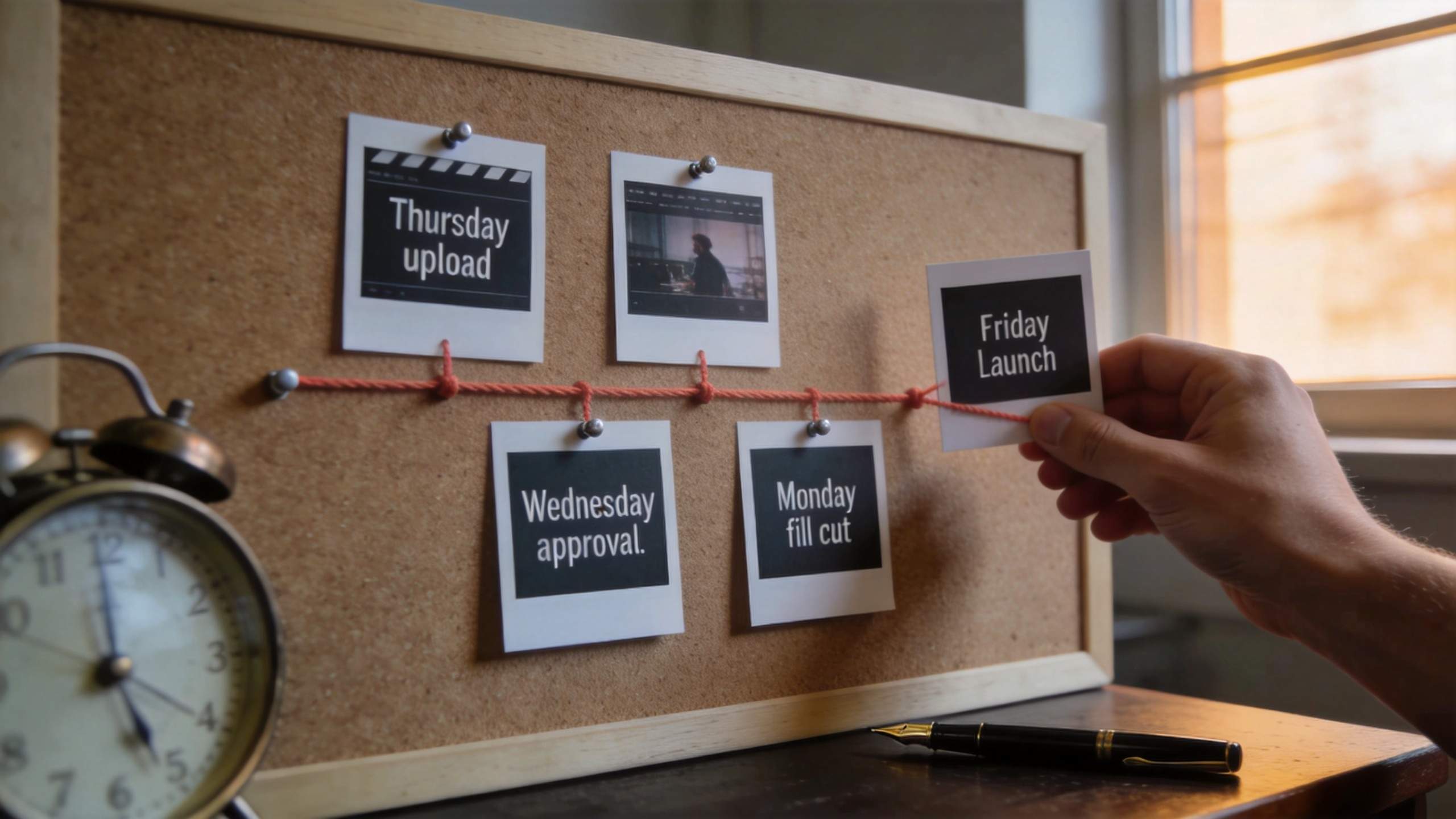 Task board with pinned project cards labeled Thursday upload, Wednesday approval, Monday fill cut, and Friday Launch