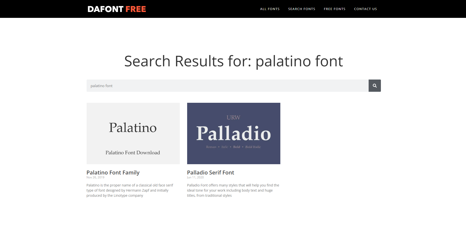 Schnittstelle von DaFont Free - einer Online-Ressource zum Herunterladen von Palatino-Schriftarten