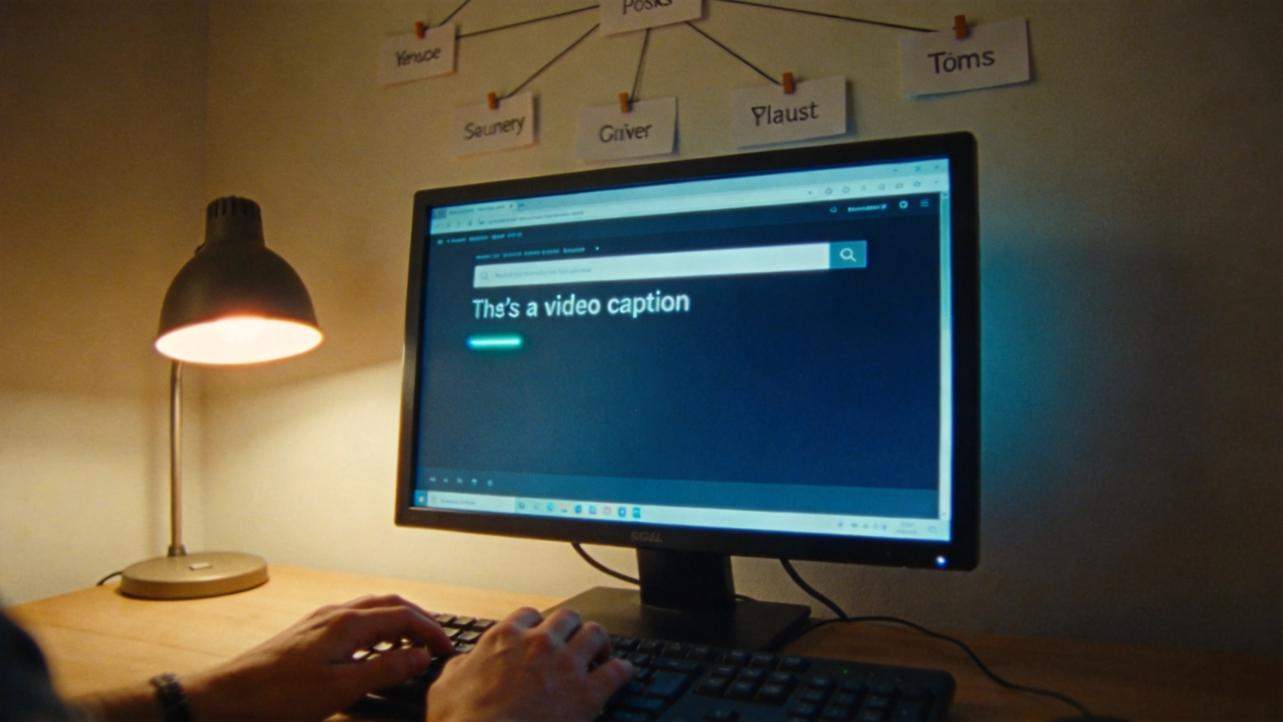 Person typing at a desk beside a monitor showing a search bar and the text 'This is a video caption'
