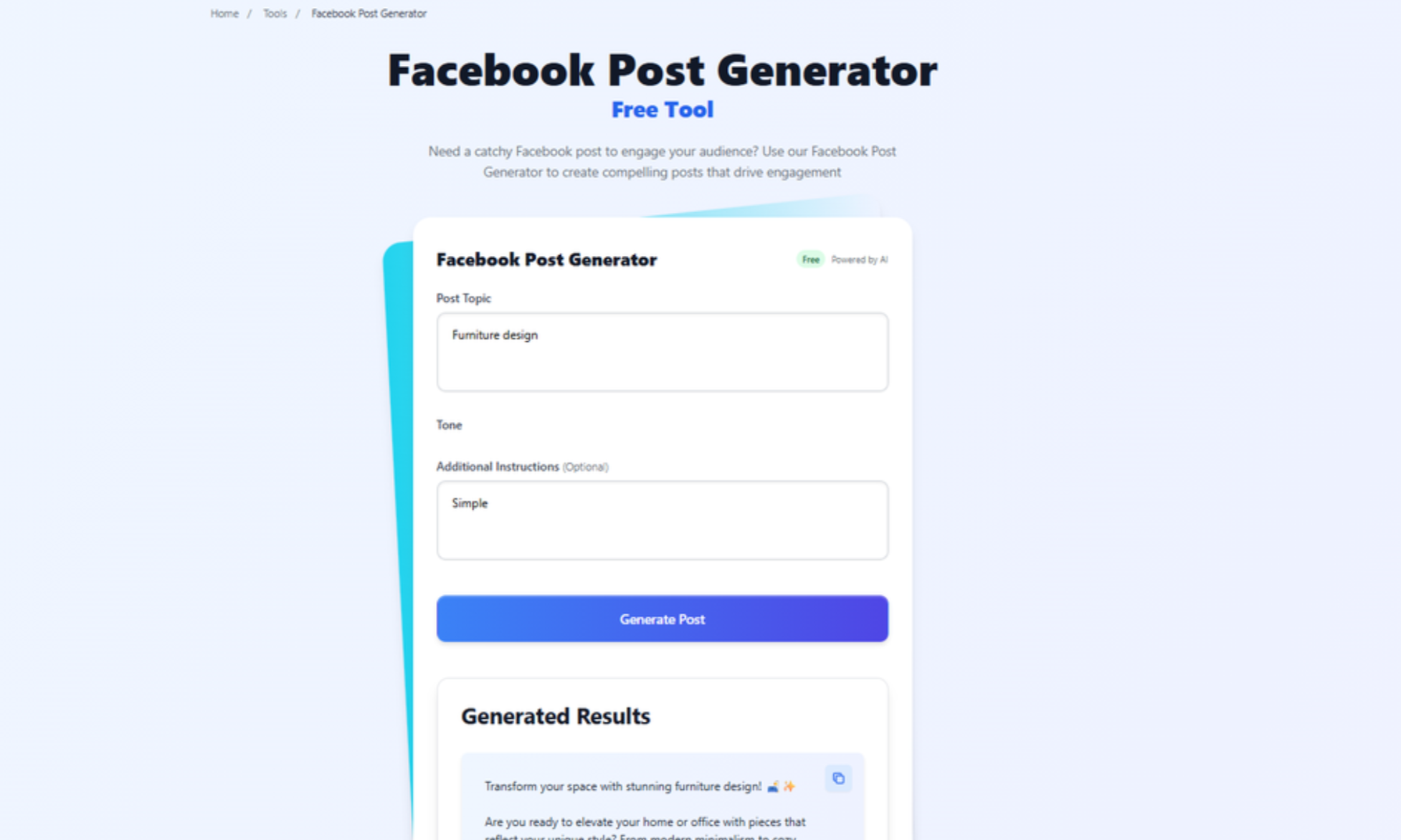 Interface of Postwise - an ideal AI Facebook post generator