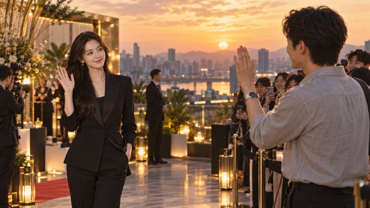 Original fictional adult female star persona in black suit and adult male fan in light gray shirt exchanging restrained waves at comfortable distance, rooftop event at golden sunset, premium editorial landscape 16:9.