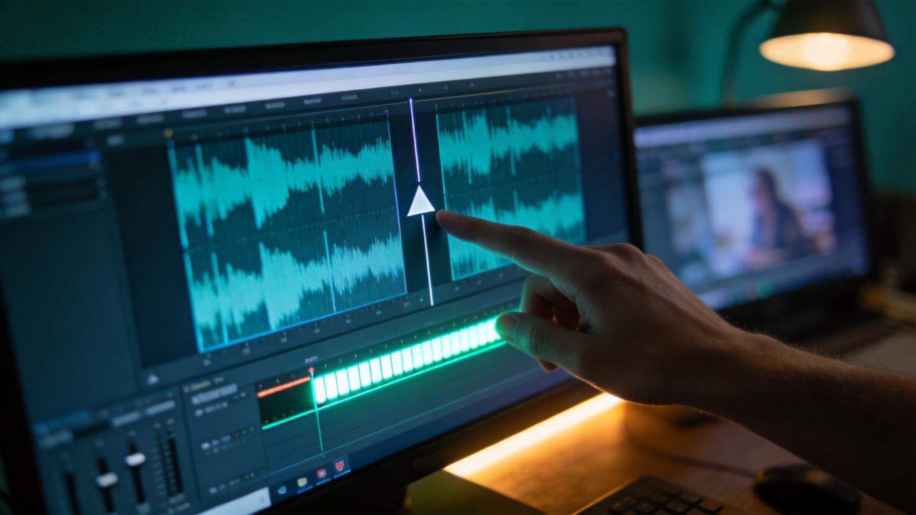 Hand pointing at audio waveforms on a video editing timeline on a computer monitor