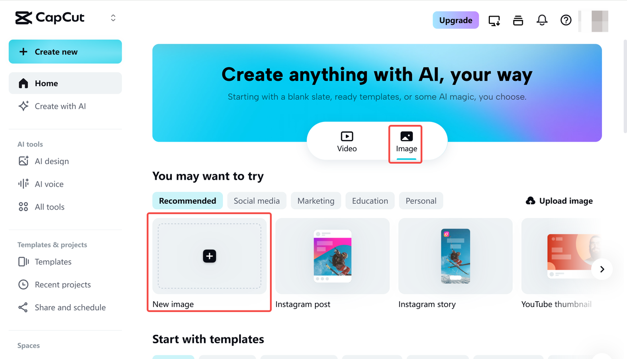 Accessing the AI image generator on CapCut Web