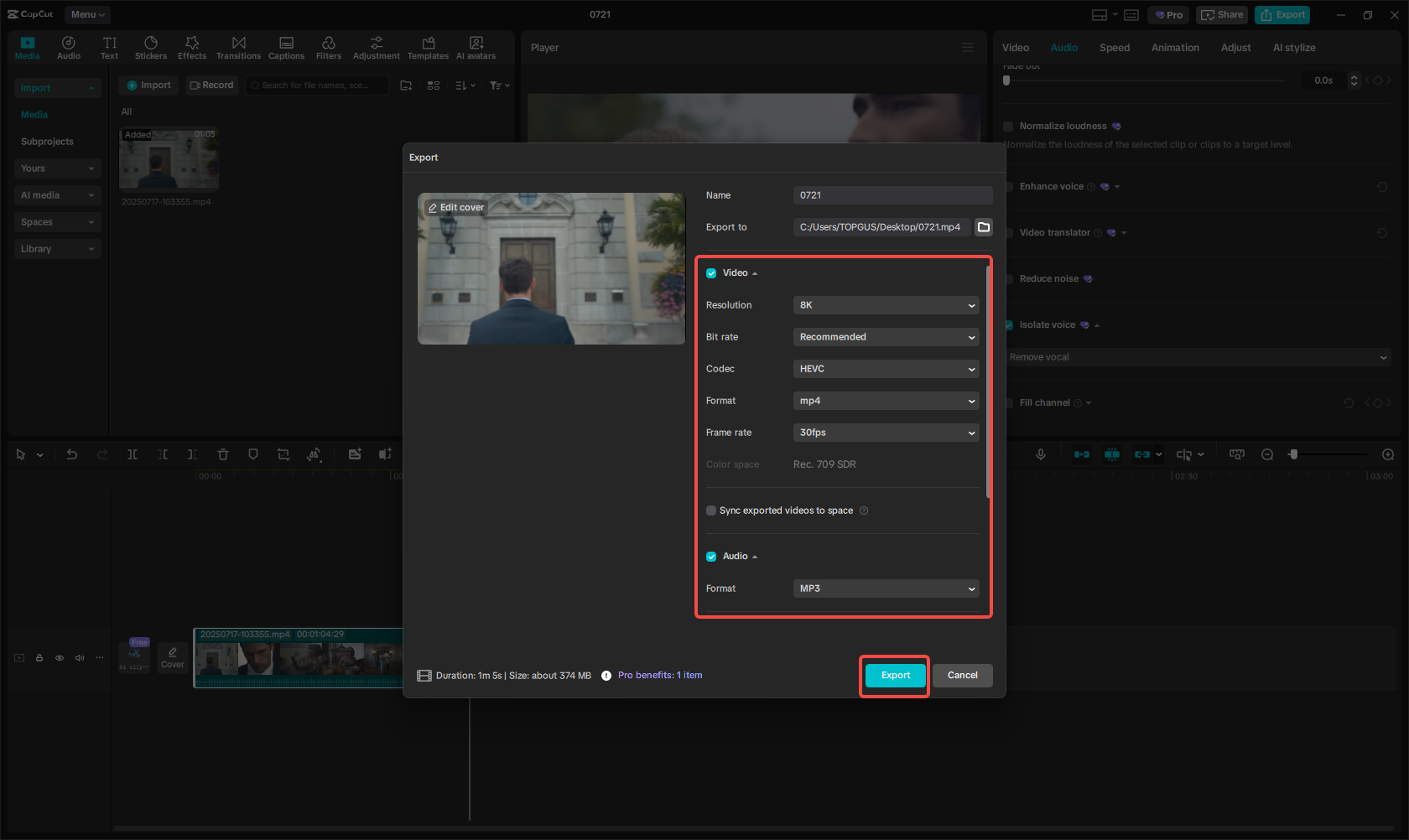 Export the audio/video file