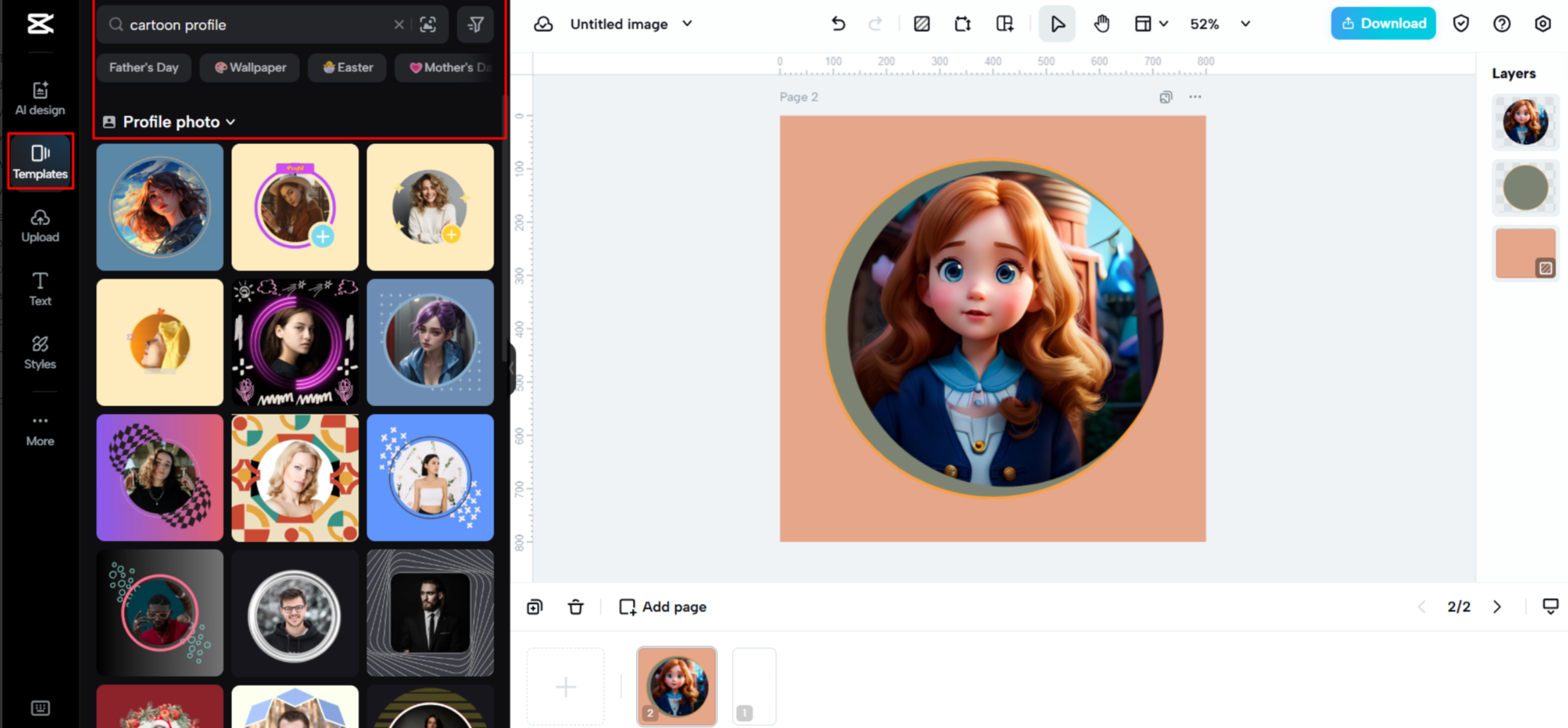 Choosing a cartoon profile picture template on CapCut Web