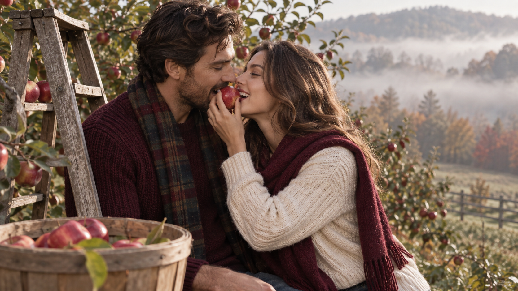 Photo IA de cueillette de pommes : Misty-Morning Couple et Apple