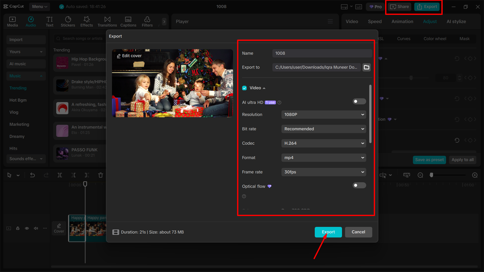 Exporting the final video from the CapCut desktop video editor