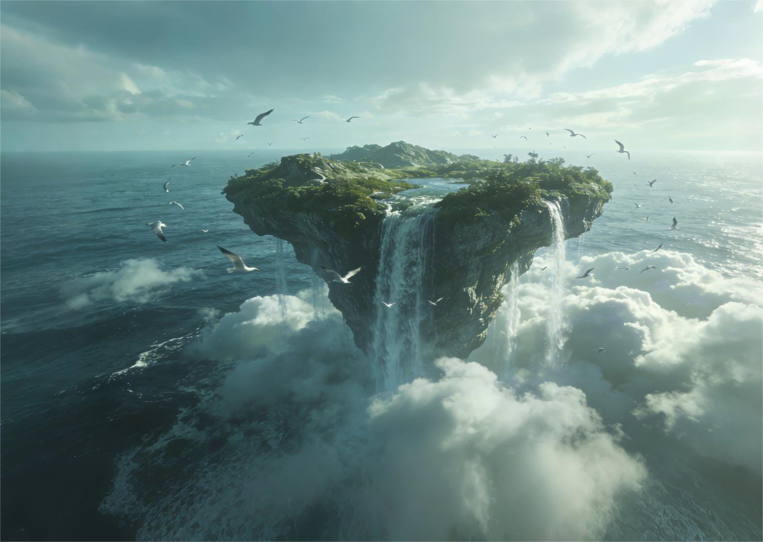 A floating island above the ocean