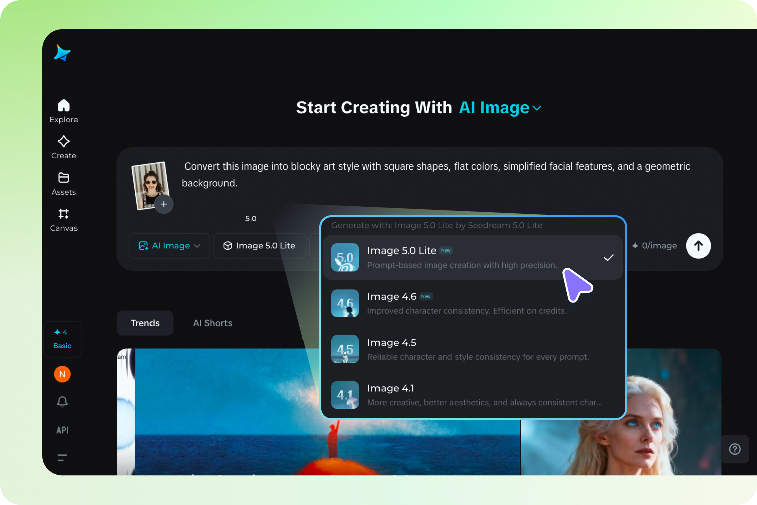  Select Seedream 5.0 Lite for blocky art generation