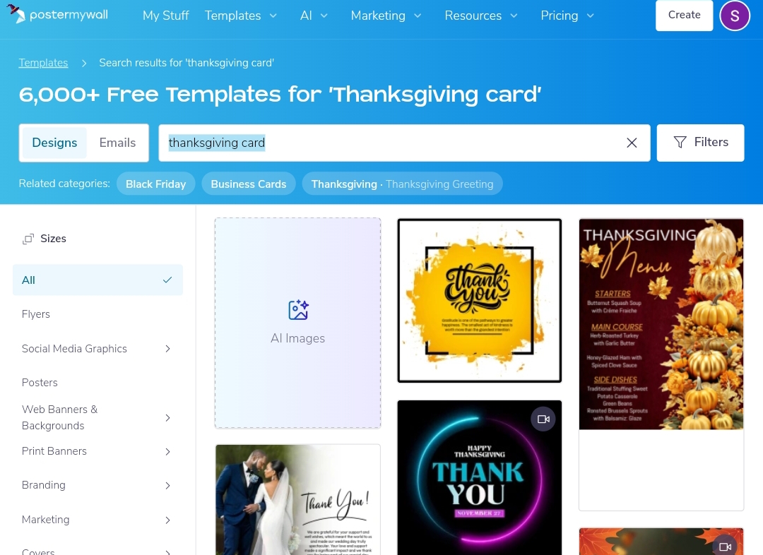 Homepage interface of PosterMyWall to edit free Thanksgiving card templates