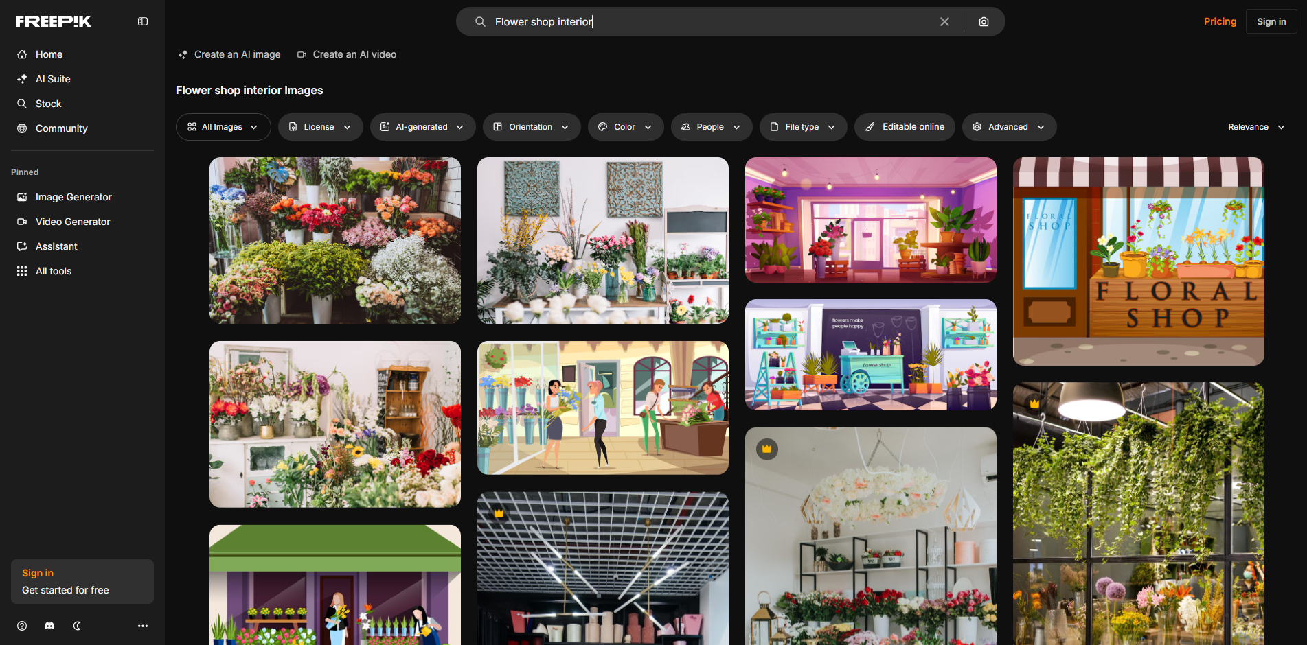 Interface of Freepik - the most liked resource for flower shop interior designs