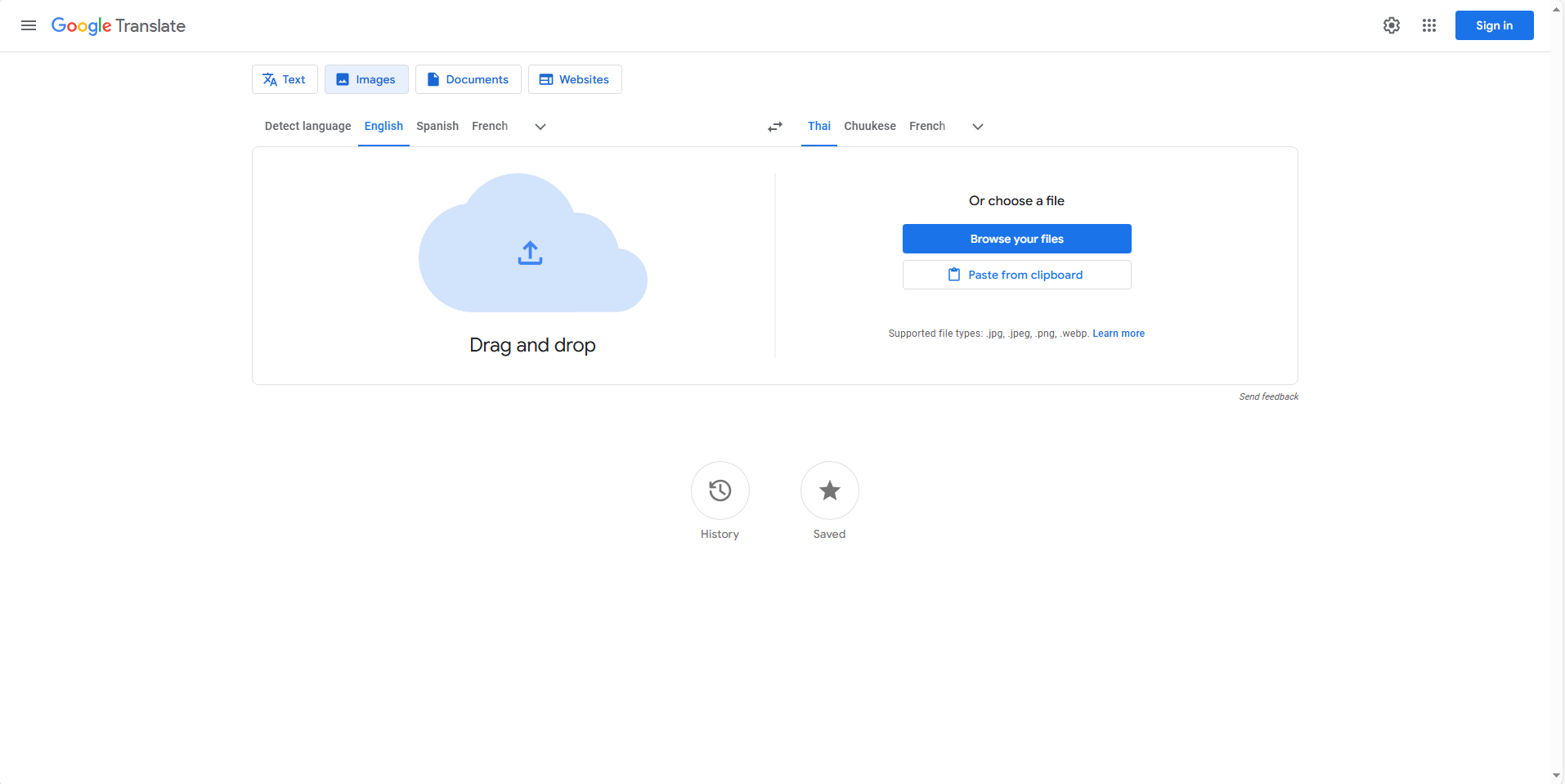 Upload images to Google Translate