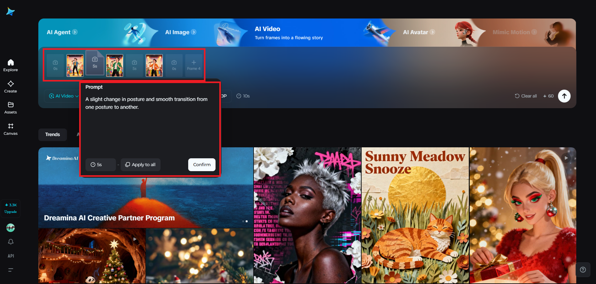 Multiframe feature in Dreamina