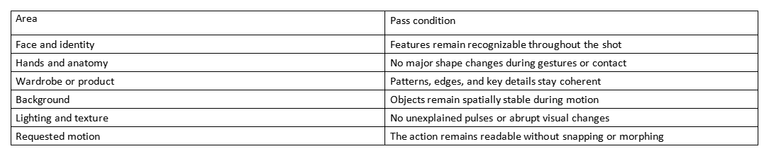 Table of pass conditions for face, hands, wardrobe, background, lighting, and requested motion