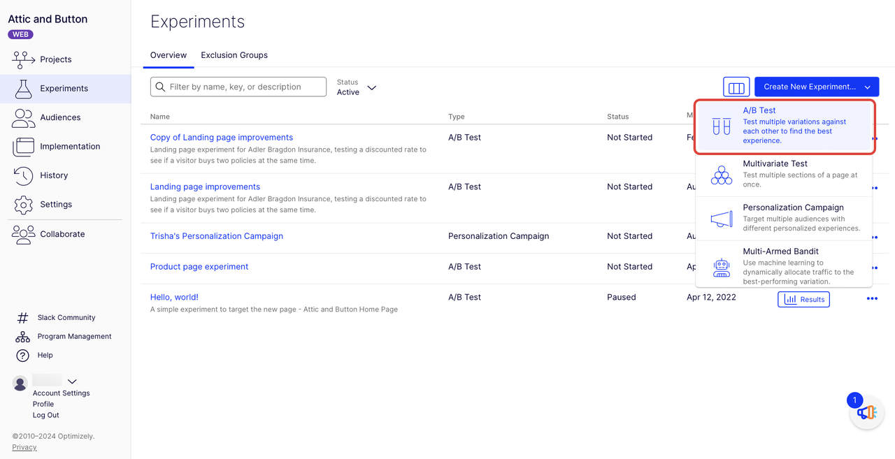 Antara muka Optimizely