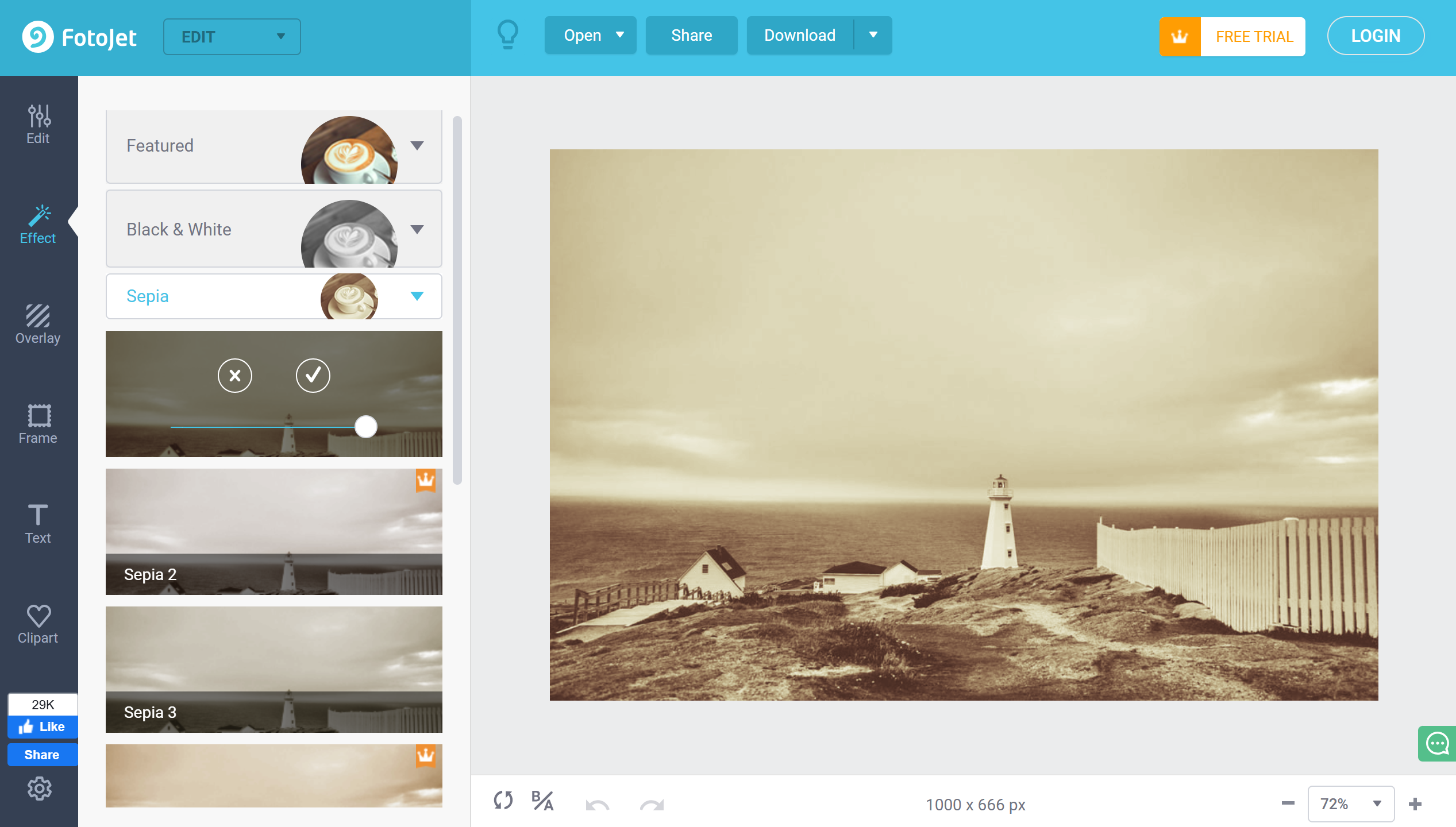 Interface of FotoJet - a good online vintage photo editor