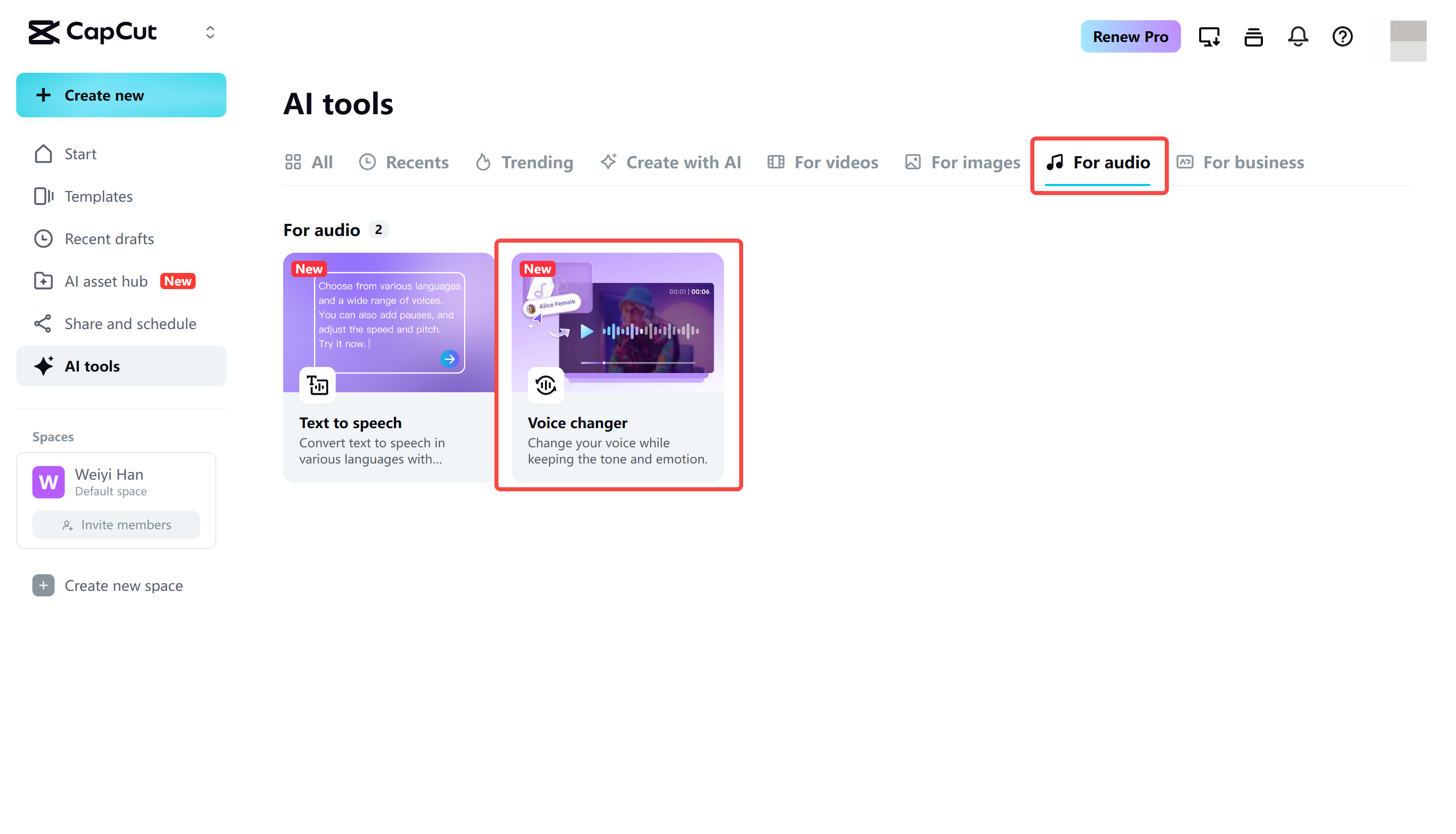 Opening the voice changer in CapCut Web