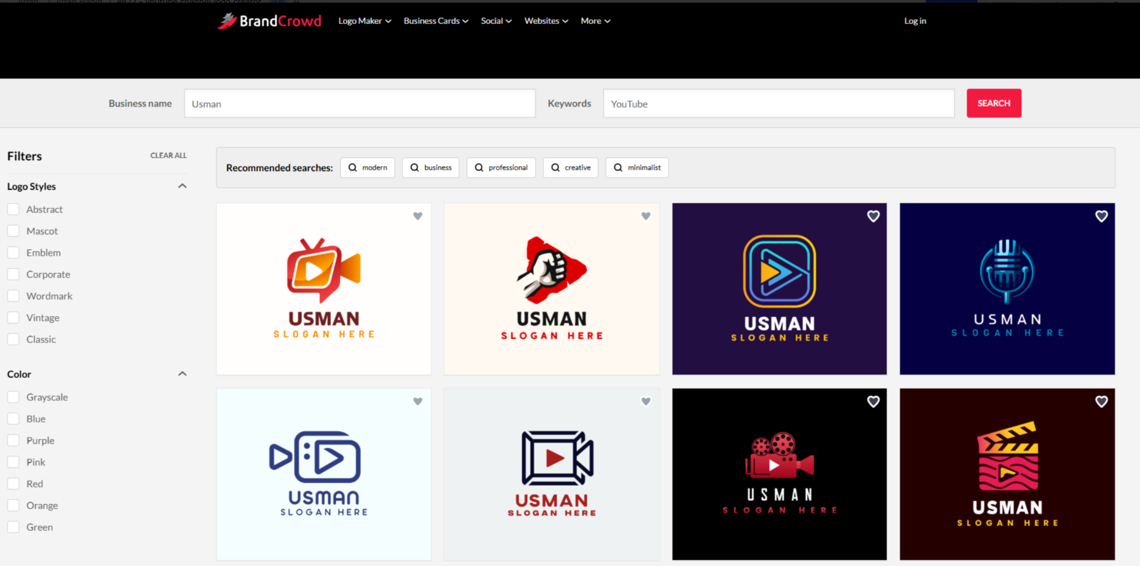 Interface of BrandCrowd - an efficient YouTube icon maker