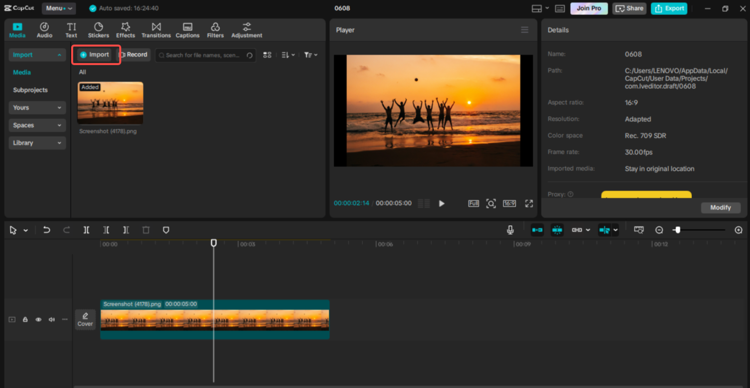 Importing the video/image into CapCut