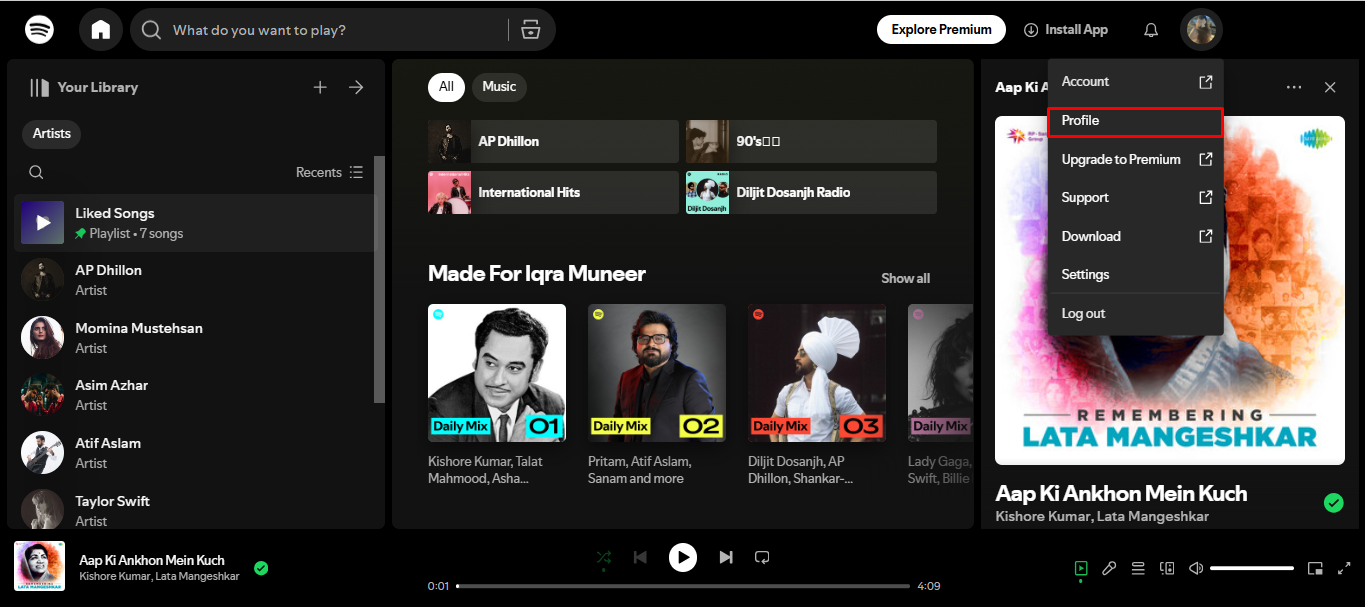 Bild som visar hur man kollar Spotifys mest lyssnade artister