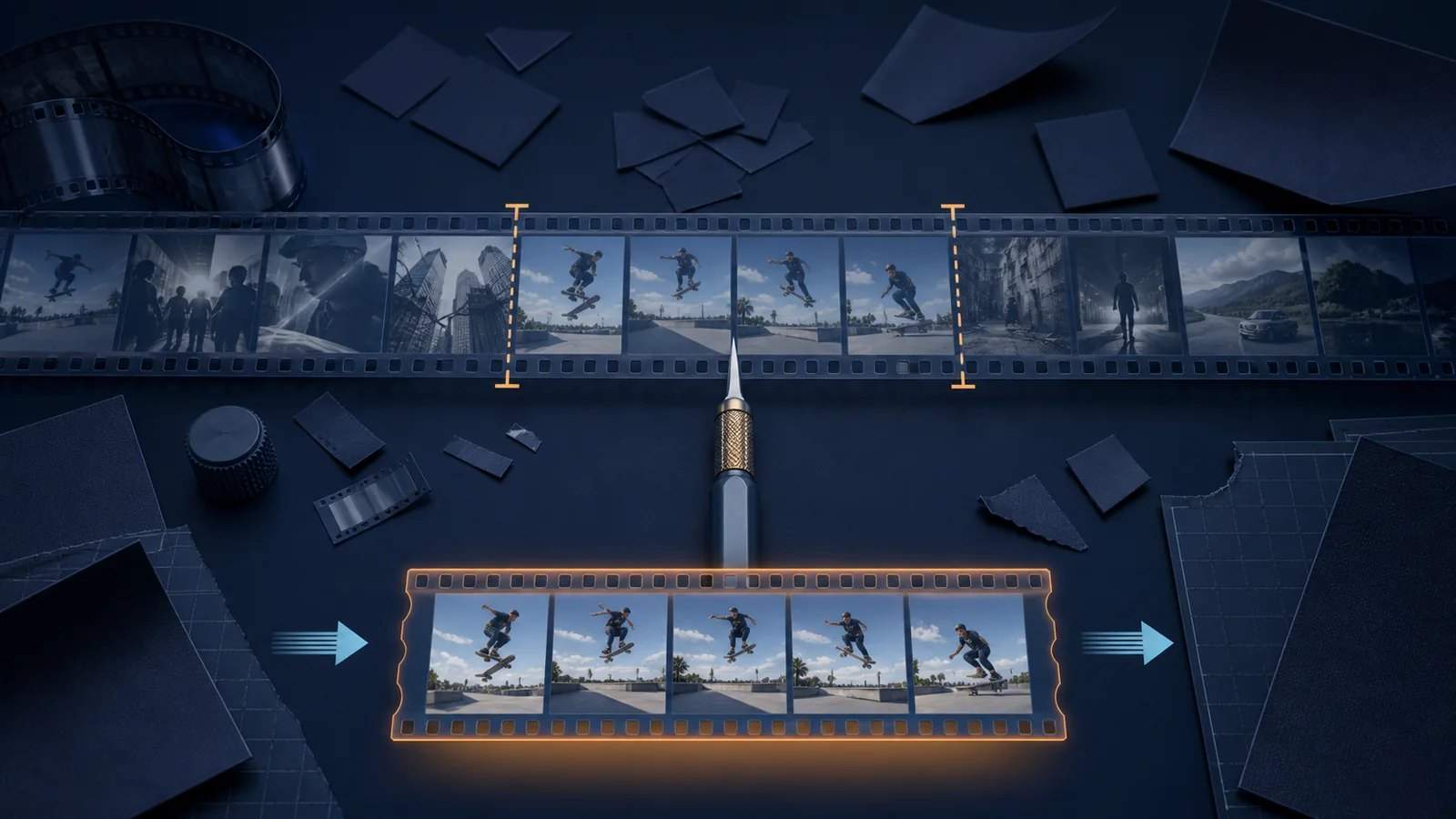 Film strip of skateboarder frames is highlighted and copied into a glowing strip below