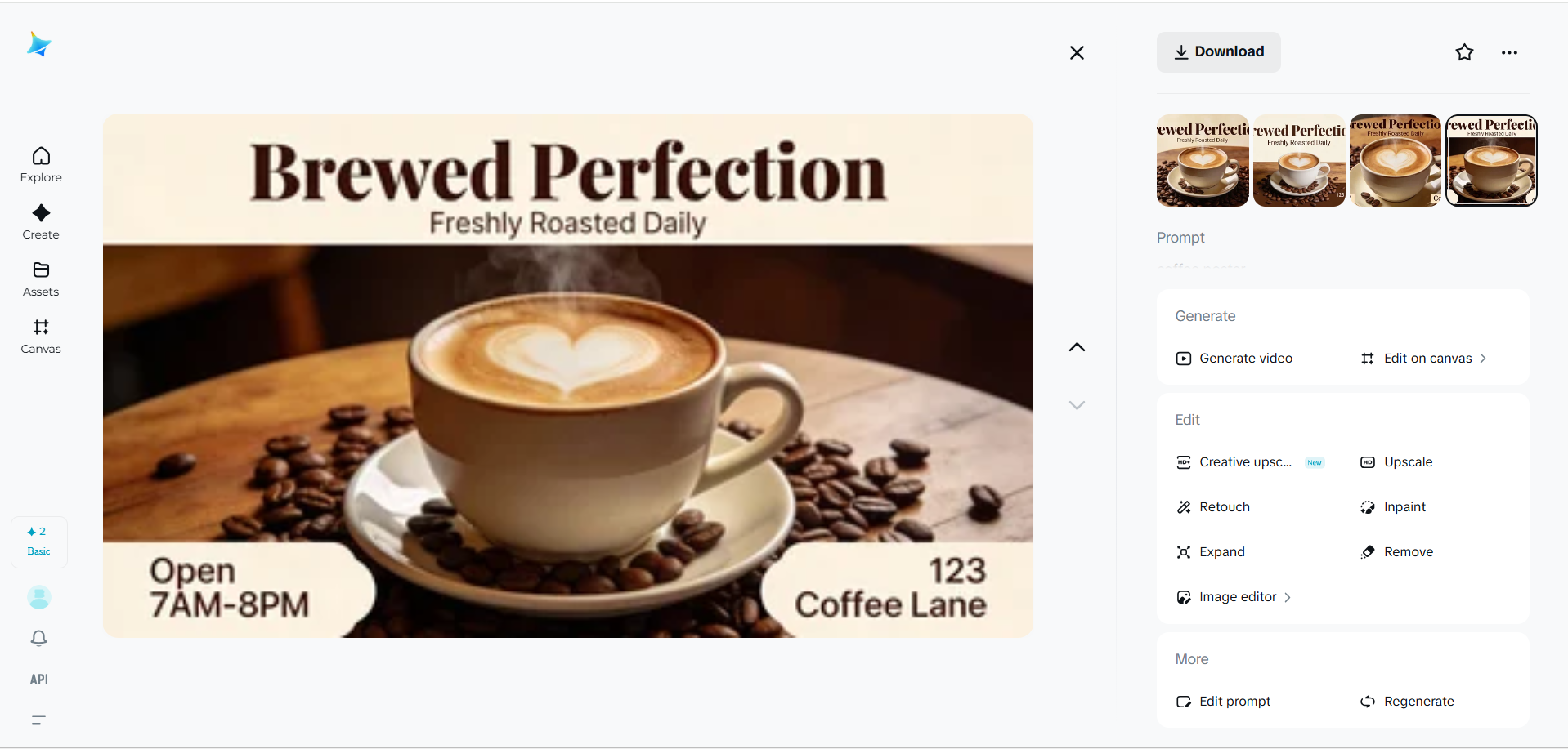 Antarmuka yang menampilkan poster kafe desain dengan Dreamina