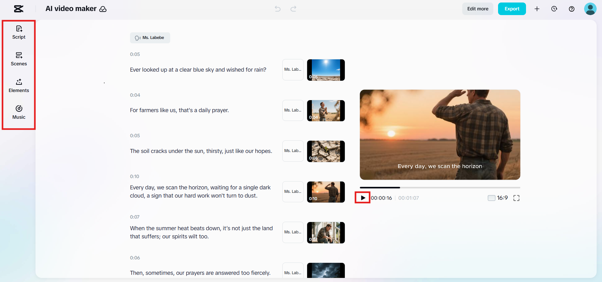 CapCut editing panel for script and scenes