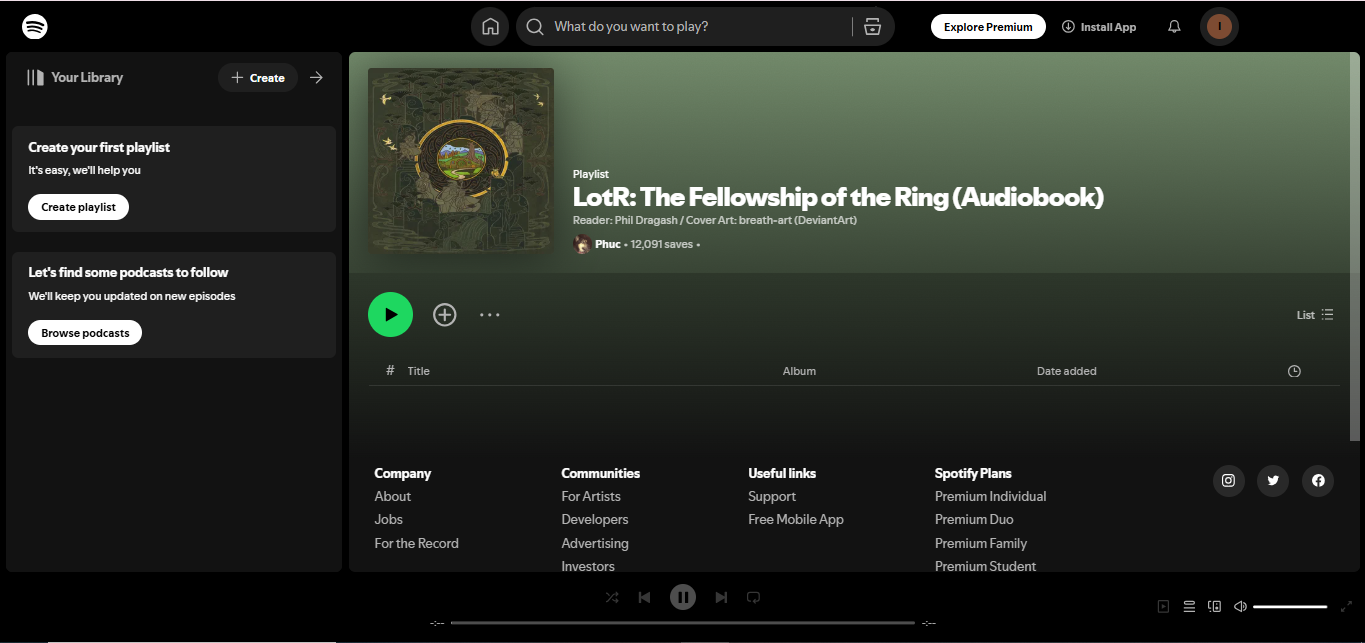 The Fellowship of the Ring by J.R.R. Tolkien—a fantasy novel with millions of total streams on Spotify