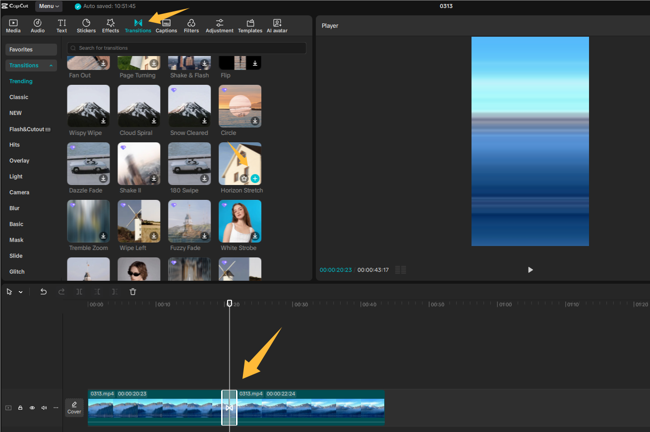Add a transition to a video in CapCut on PC