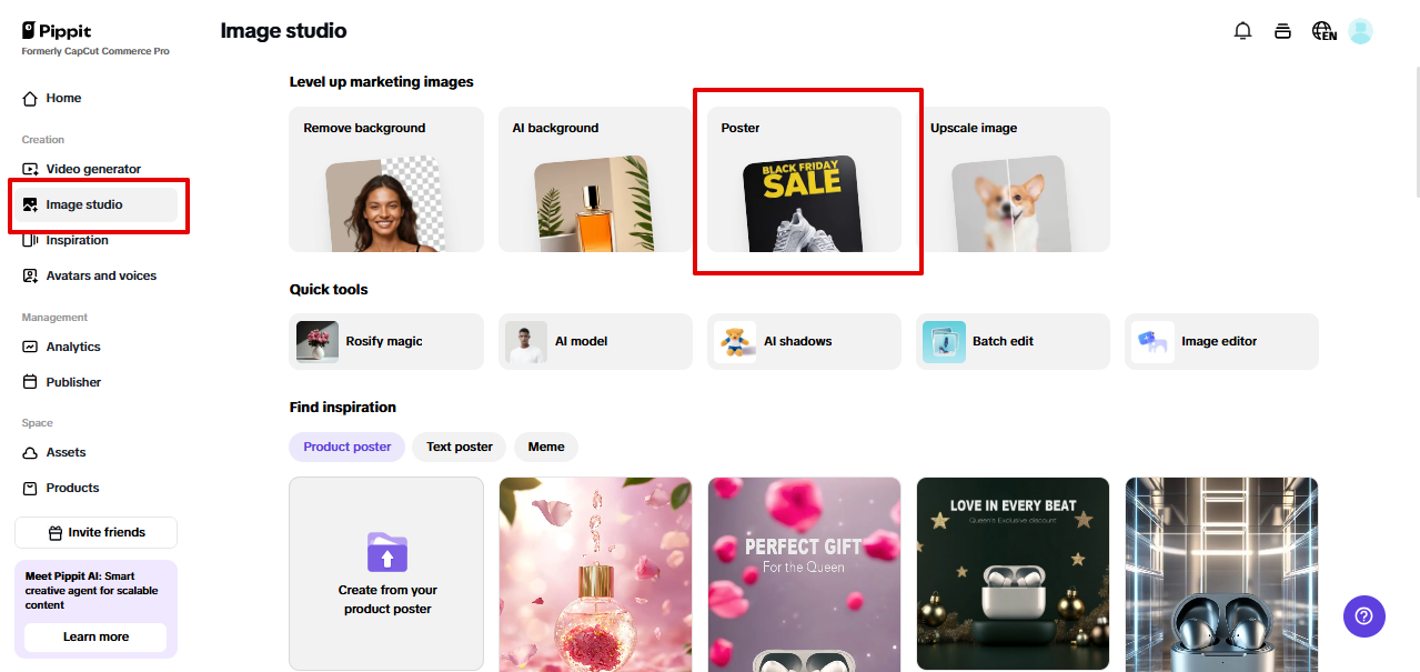 Accessing Image Studio in Pippit