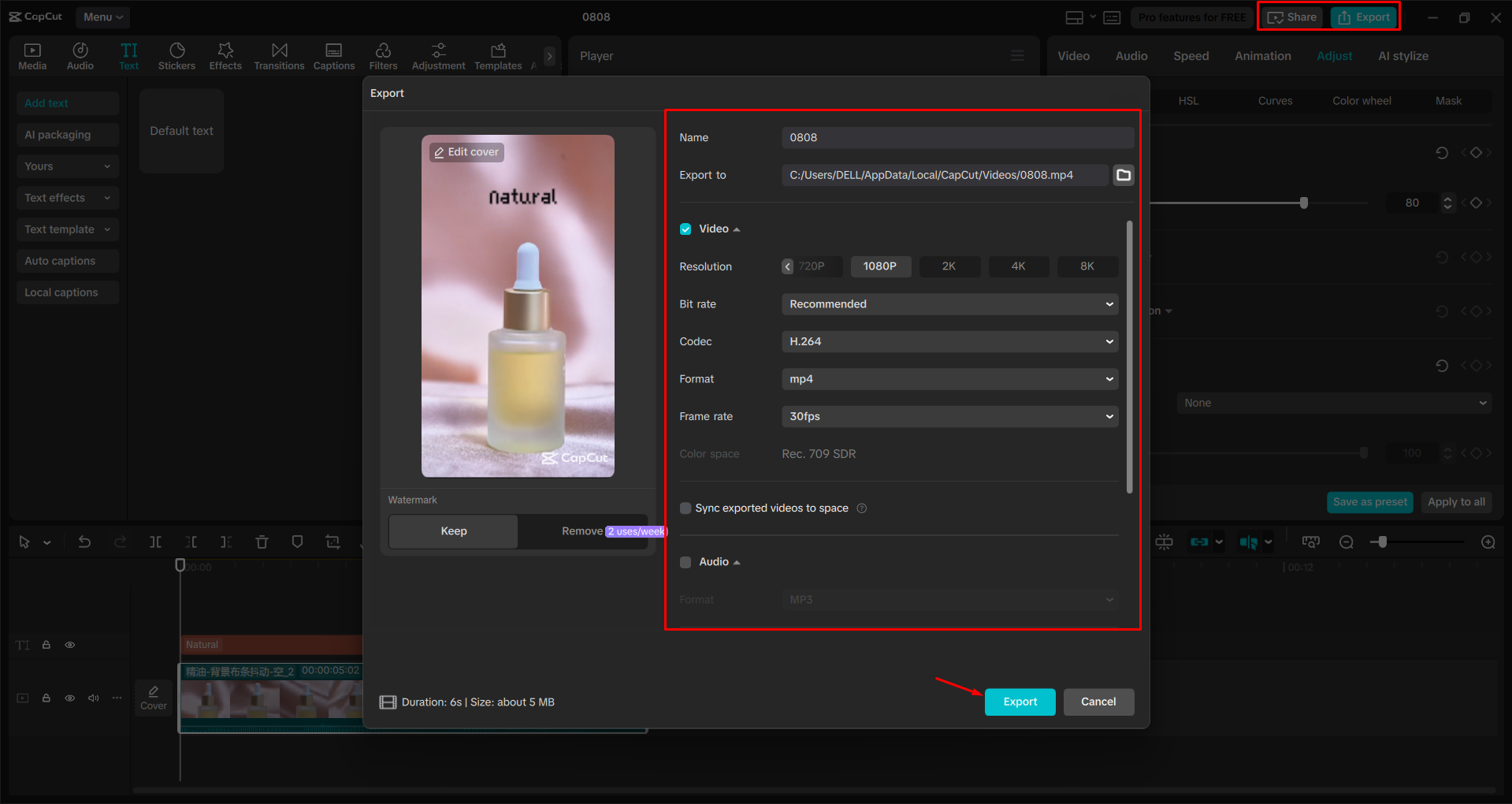Exporting a video from the CapCut desktop video editor