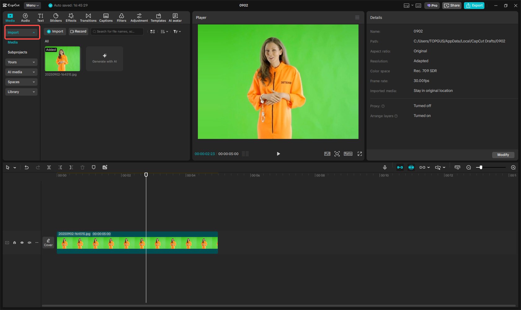Upload a solid color image to CapCut
