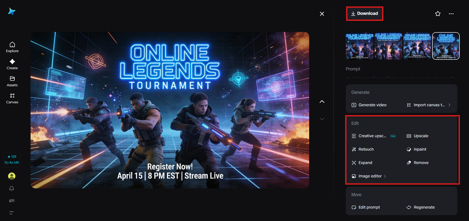 Użyj narzędzi Dreamina, aby dopracować i pobrać plakat gamingowy.