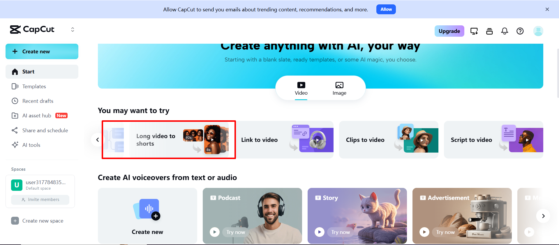 Accessing the long video to shorts tool on CapCut Web