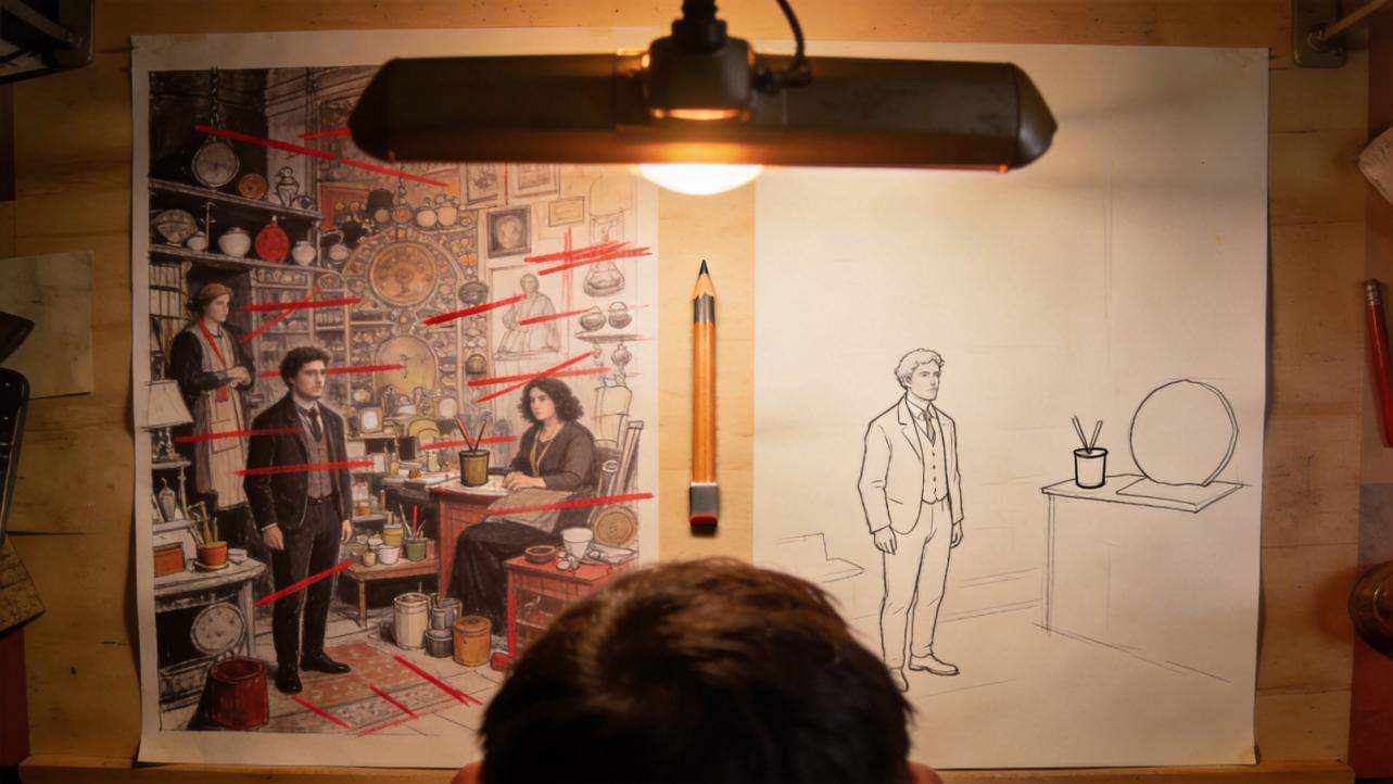 Artist sketching a figure beside a detailed reference drawing on paper under a desk lamp