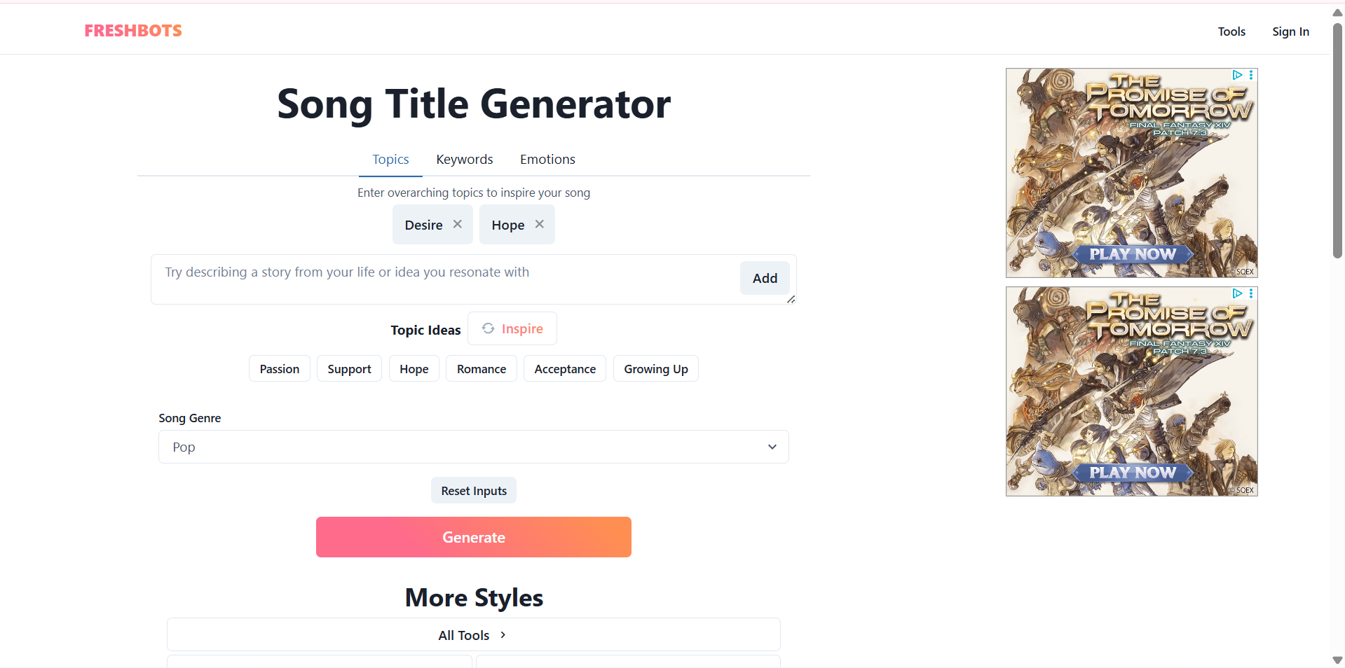 Freshbots AI lyrics generator interface zum Generieren von Songtiteln