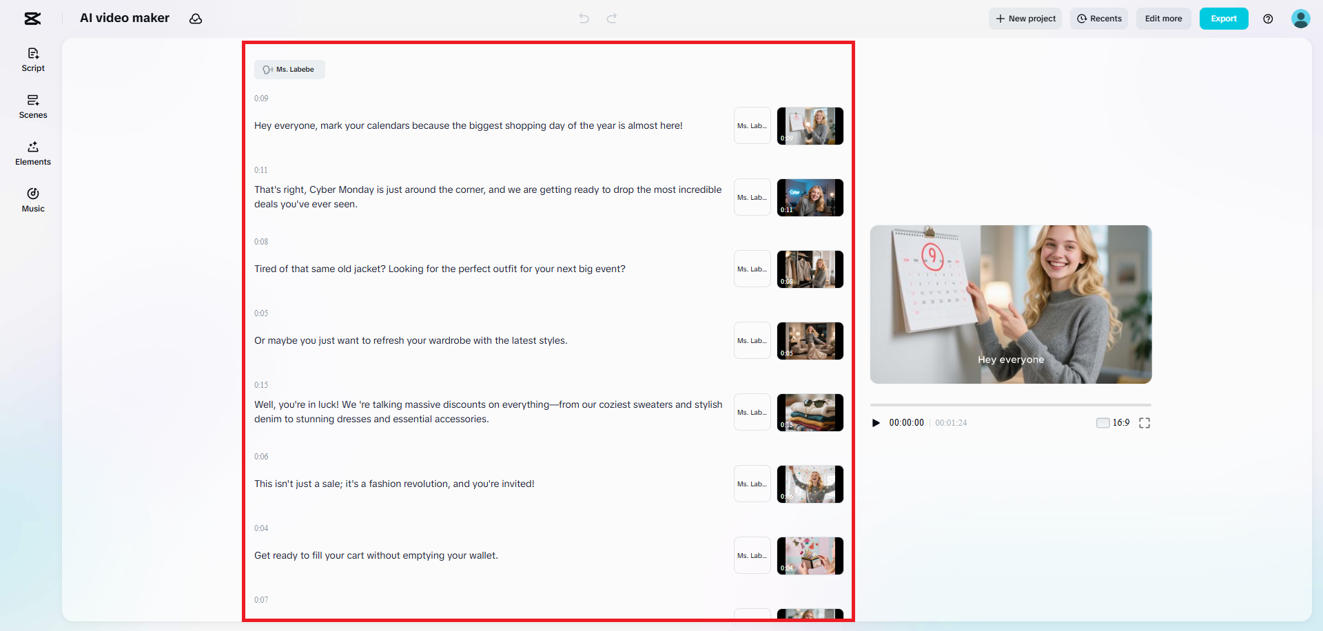 Edit skrip dan media anda