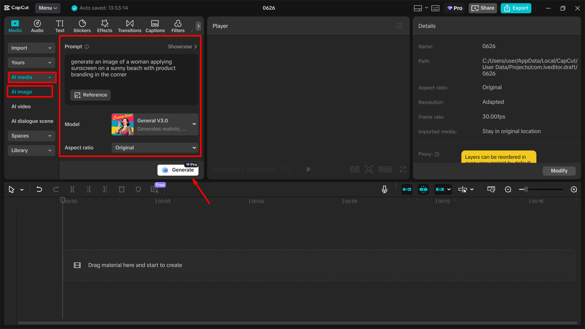 Converting text to an image in the CapCut desktop video editor