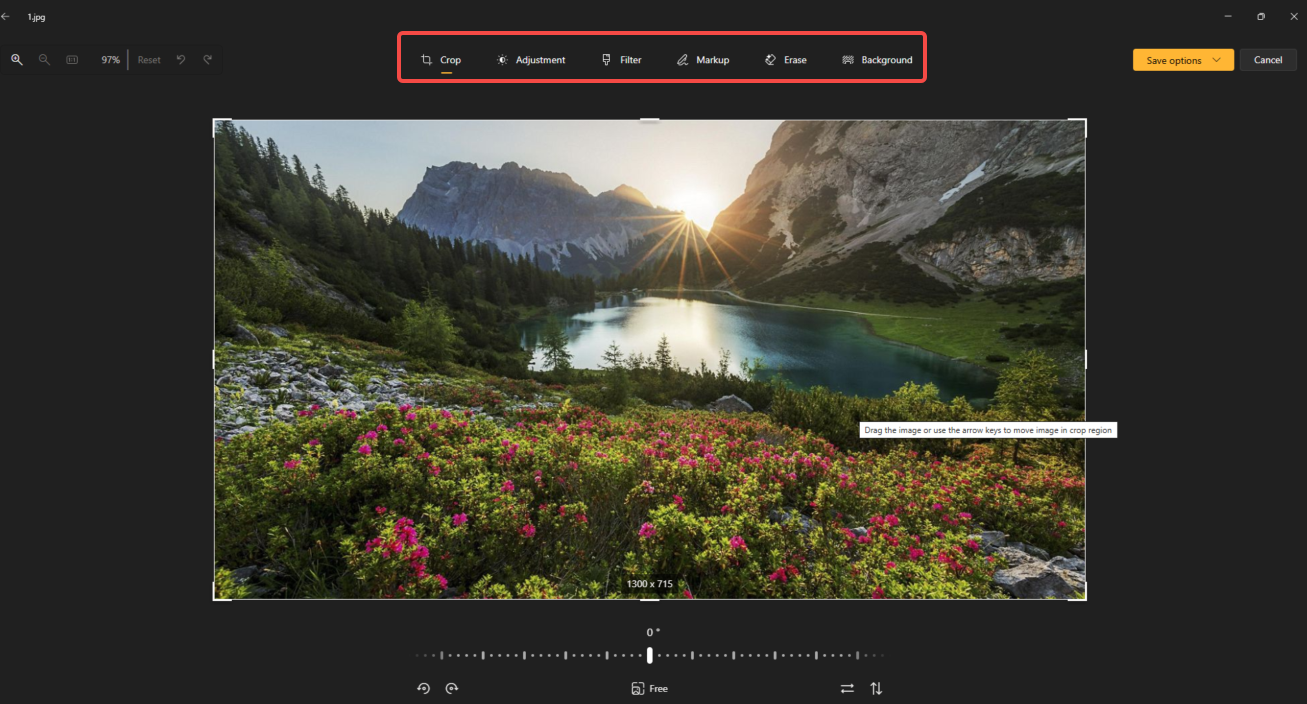 Accessing editing tools in the Windows photo editor