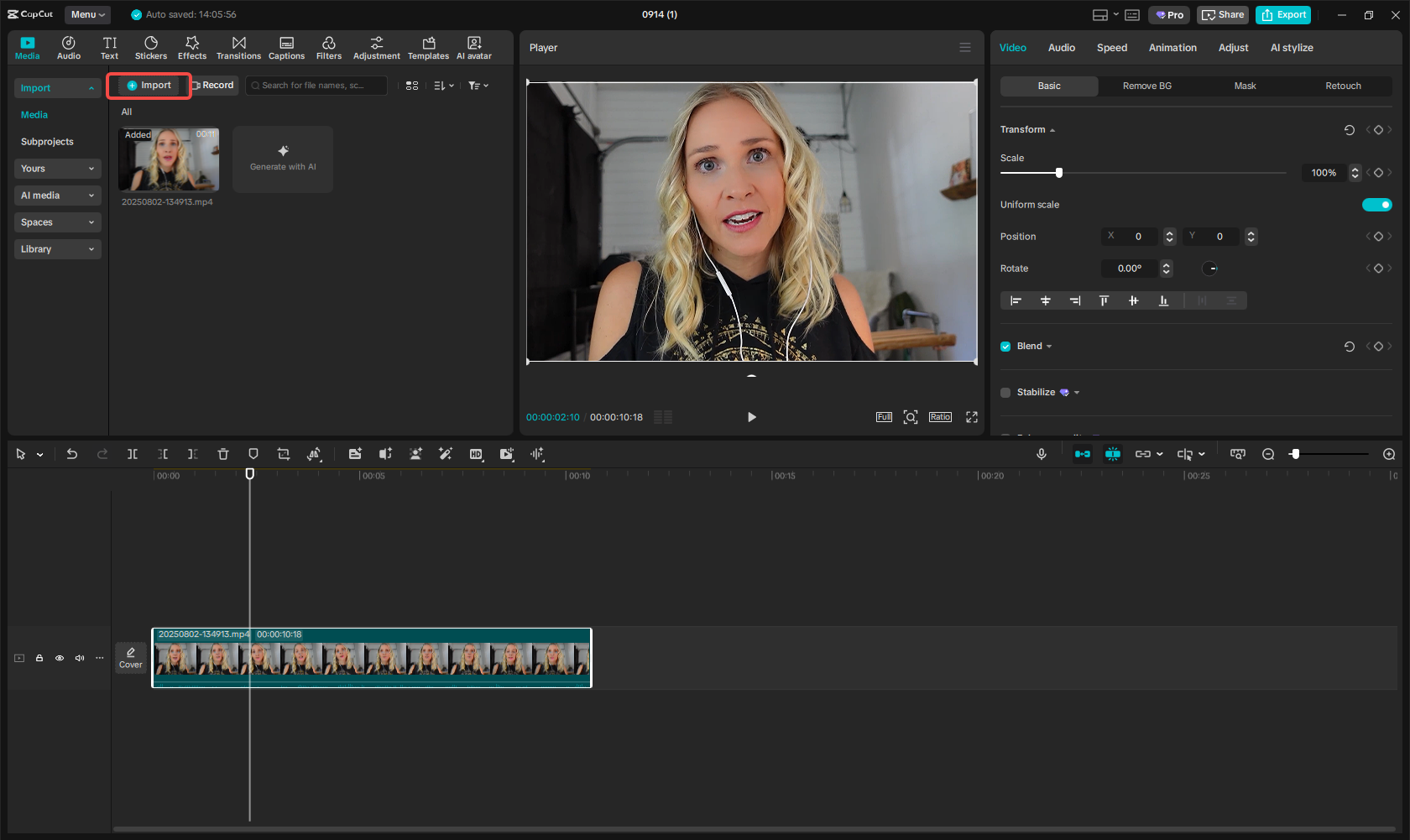 Upload the video to the CapCut interface