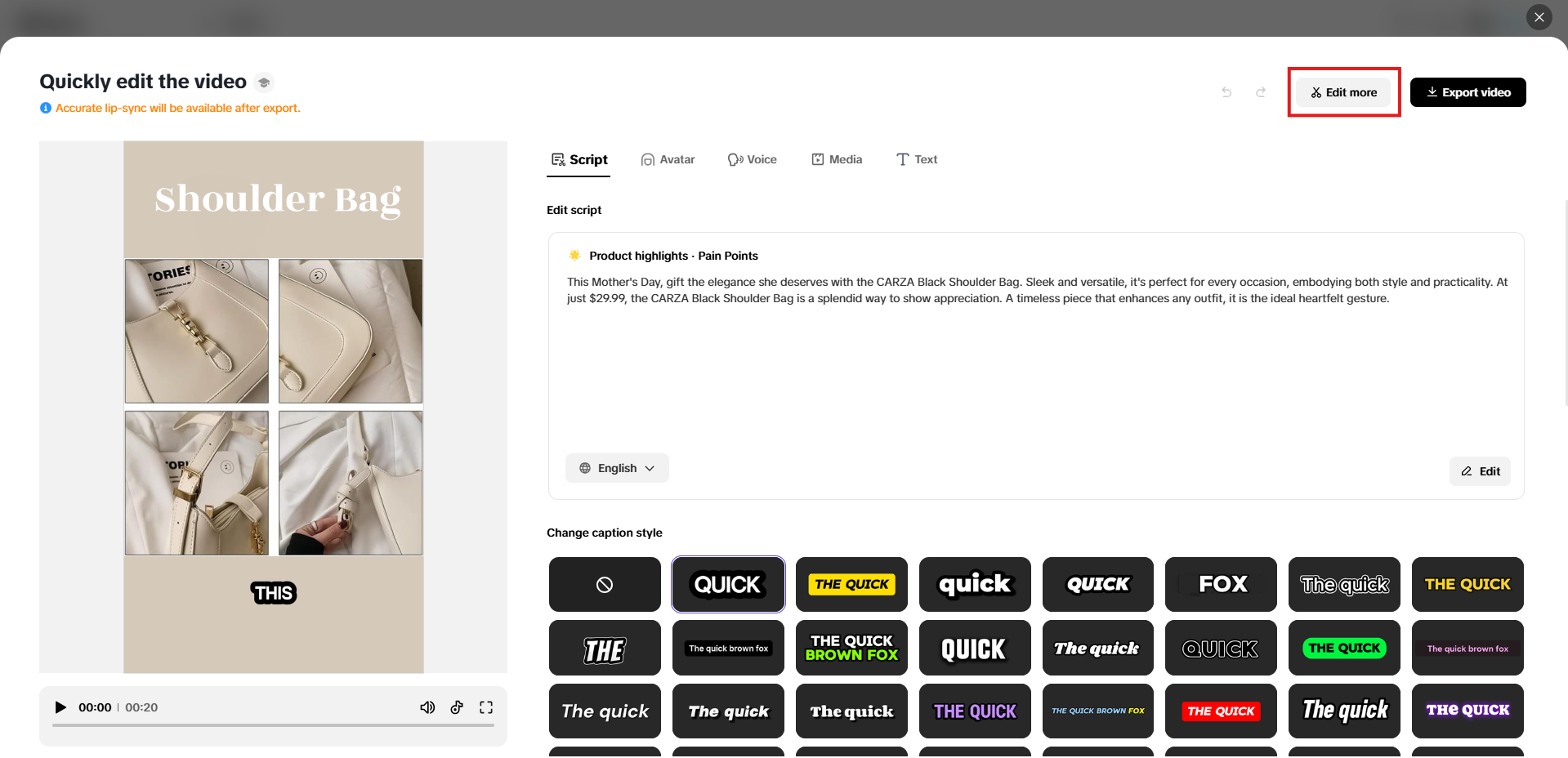 Opções de edição rápida
